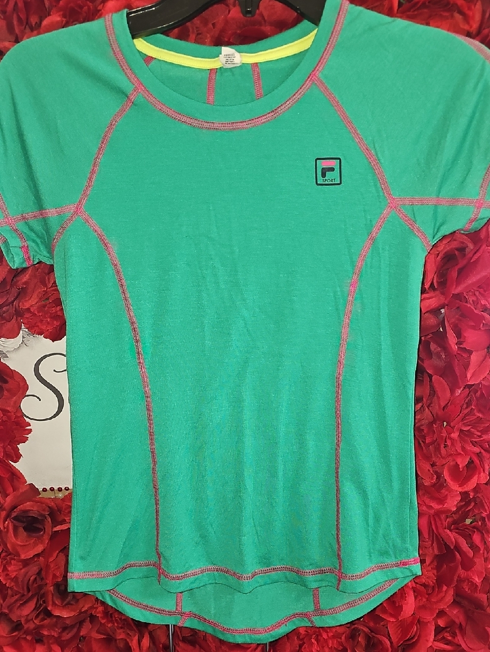 FILA Girls Green Athletic Top with Pink Contrast Stitching Size 10/12
